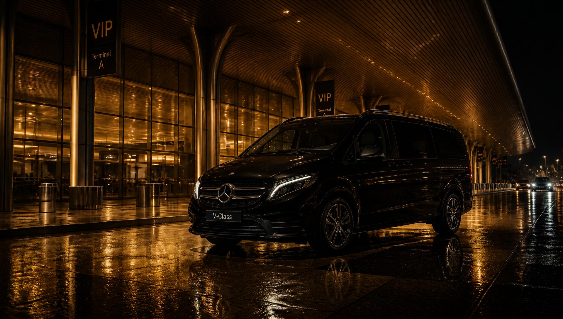 Mercedes V-Class transfer vehicle at Gdańsk airport terminal